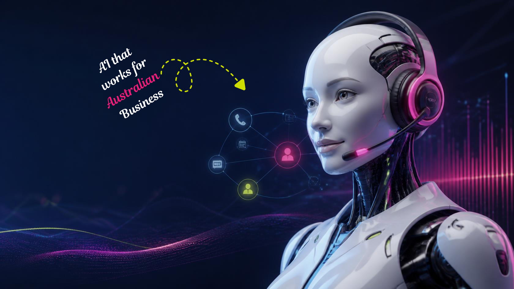 AI voice agent soundwave over a map of Australia, illustrating AI phone answering for Australian businesses
